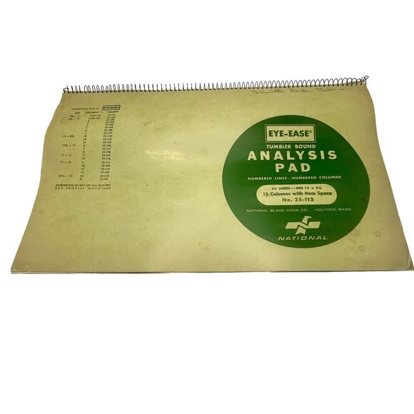 Vintage Analysis Pad National 13 Column 14X8.5" 36 Sheet Eye-Ease 35-113 Spiral - Picture 1 of 16